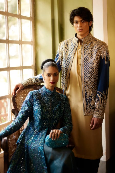 Shop Eeksha Blue Lycra, Georgette Beads, Resham Crystal Embellished Jacket With Flared Pant at Aza Fashions Shop_Eeksha_Blue Lycra, Georgette Beads, Resham Crystal Embellished Jacket With Flared Pant _at_Aza_Fashions