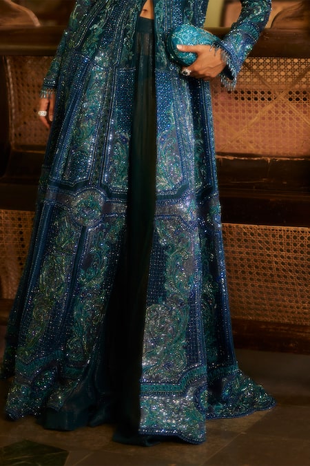 Eeksha Blue Lycra, Georgette Beads, Resham Crystal Embellished Jacket With Flared Pant Online at Aza Fashions Eeksha_Blue Lycra, Georgette Beads, Resham Crystal Embellished Jacket With Flared Pant _Online_at_Aza_Fashions