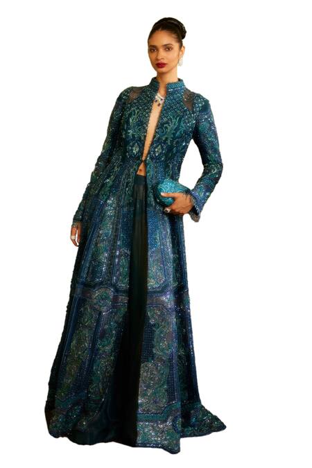 Buy Eeksha Blue Lycra, Georgette Beads, Resham Crystal Embellished Jacket With Flared Pant Online at Aza Fashions Buy_Eeksha_Blue Lycra, Georgette Beads, Resham Crystal Embellished Jacket With Flared Pant _Online_at_Aza_Fashions