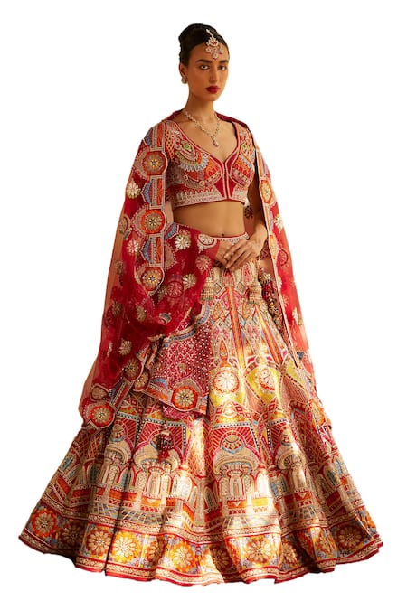 Eeksha Red Silk Pearls, Crystals Asymmetric Mosaic Dabka Embroidered Bridal Lehenga Set Online at Aza Fashions Eeksha_Red Silk Pearls, Crystals Asymmetric Mosaic Dabka Embroidered Bridal Lehenga Set _Online_at_Aza_Fashions