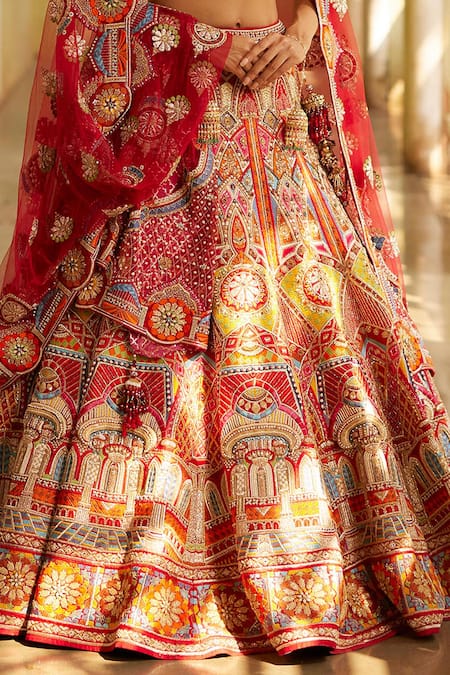 Buy Eeksha Red Silk Pearls, Crystals Asymmetric Mosaic Dabka Embroidered Bridal Lehenga Set Online at Aza Fashions Buy_Eeksha_Red Silk Pearls, Crystals Asymmetric Mosaic Dabka Embroidered Bridal Lehenga Set _Online_at_Aza_Fashions