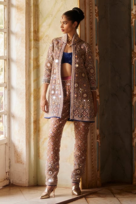 EEKSHA Zari Two-Tone Embroidered Mirrorwork Jacket Pant Set 