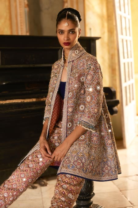 Shop Eeksha Silver Silk Pearls, Beads Zari Two-tone Embroidered Mirrorwork Jacket Pant Set at Aza Fashions Shop_Eeksha_Silver Silk Pearls, Beads Zari Two-tone Embroidered Mirrorwork Jacket Pant Set _at_Aza_Fashions