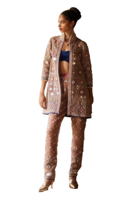 Buy Eeksha Silver Silk Pearls, Beads Zari Two-tone Embroidered Mirrorwork Jacket Pant Set Online at Aza Fashions Buy_Eeksha_Silver Silk Pearls, Beads Zari Two-tone Embroidered Mirrorwork Jacket Pant Set _Online_at_Aza_Fashions