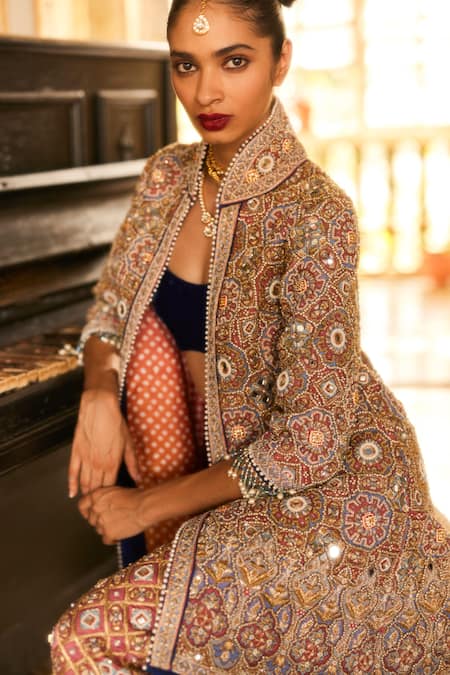 Shop Eeksha Silver Silk Pearls, Beads Zari Two-tone Embroidered Mirrorwork Jacket Pant Set Online at Aza Fashions Shop_Eeksha_Silver Silk Pearls, Beads Zari Two-tone Embroidered Mirrorwork Jacket Pant Set _Online_at_Aza_Fashions