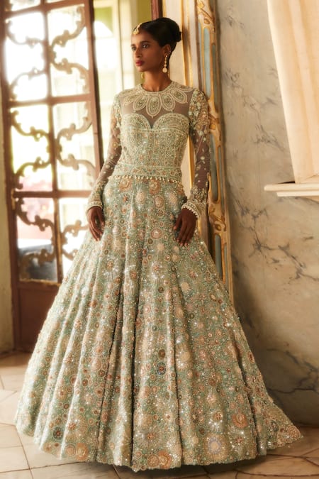 EEKSHA Zari Pearl Embellished Floral Gown 