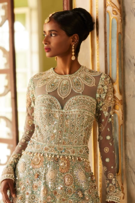 Shop Eeksha Green Organza, Net Pearls, Sequins, Beads Round Zari Embellished Floral Gown at Aza Fashions Shop_Eeksha_Green Organza, Net Pearls, Sequins, Beads Round Zari Embellished Floral Gown _at_Aza_Fashions