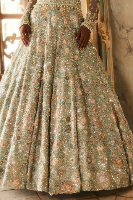 Eeksha Green Organza, Net Pearls, Sequins, Beads Round Zari Embellished Floral Gown Online at Aza Fashions Eeksha_Green Organza, Net Pearls, Sequins, Beads Round Zari Embellished Floral Gown _Online_at_Aza_Fashions