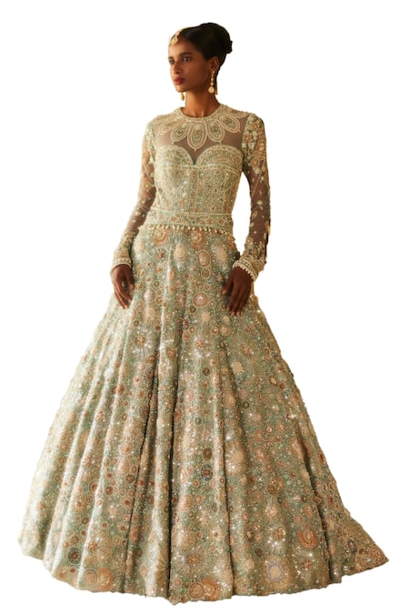 Buy Eeksha Green Organza, Net Pearls, Sequins, Beads Round Zari Embellished Floral Gown Online at Aza Fashions Buy_Eeksha_Green Organza, Net Pearls, Sequins, Beads Round Zari Embellished Floral Gown _Online_at_Aza_Fashions