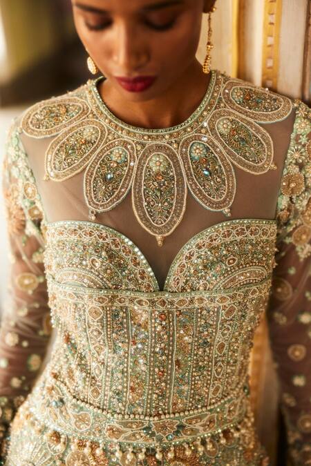Shop Eeksha Green Organza, Net Pearls, Sequins, Beads Round Zari Embellished Floral Gown Online at Aza Fashions Shop_Eeksha_Green Organza, Net Pearls, Sequins, Beads Round Zari Embellished Floral Gown _Online_at_Aza_Fashions