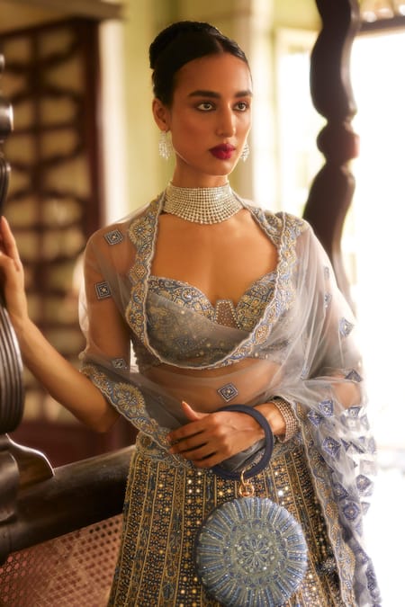Eeksha Dabka Embroidered Geometric Grid Mirrorwork Bridal Lehenga Set 