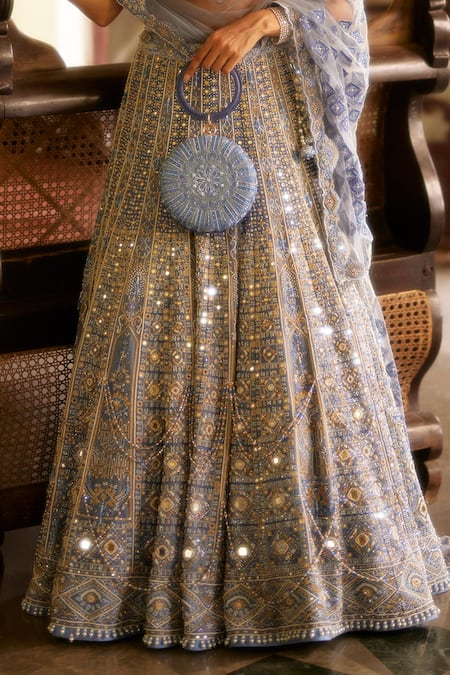 Eeksha_Purple Organza, Net Pearls, Dabka Geometric Grid Mirrorwork Bridal Lehenga Set _Online_at_Aza_Fashions