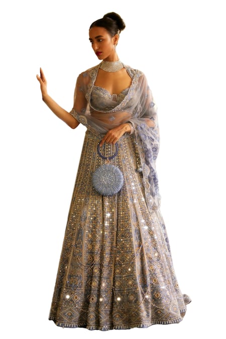 Buy_Eeksha_Purple Organza, Net Pearls, Dabka Geometric Grid Mirrorwork Bridal Lehenga Set _Online_at_Aza_Fashions