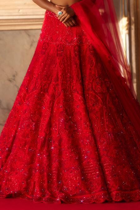 Eeksha Red Net Crystals, Beads, Sequins Sweetheart Neck Resham Embroidered Lehenga Set Online at Aza Fashions Eeksha_Red Net Crystals, Beads, Sequins Sweetheart Neck Resham Embroidered Lehenga Set _Online_at_Aza_Fashions
