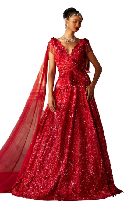 Buy Eeksha Red Tulle, Chiffon, Denim Swarovski Embellished Bridal Lehenga Peplum Jacket Set Online at Aza Fashions Buy_Eeksha_Red Tulle, Chiffon, Denim Swarovski Embellished Bridal Lehenga Peplum Jacket Set _Online_at_Aza_Fashions