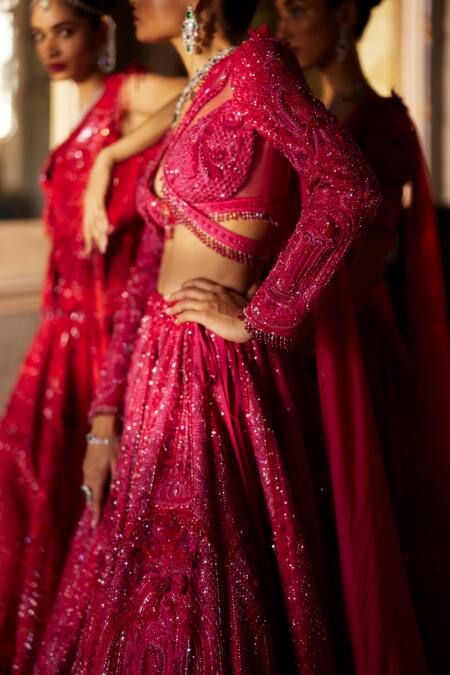Eeksha Fuchsia Tulle, Chiffon Sequins, Swarovski Embellished Floral Bridal Lehenga Set Online at Aza Fashions Eeksha_Fuchsia Tulle, Chiffon Sequins, Swarovski Embellished Floral Bridal Lehenga Set _Online_at_Aza_Fashions