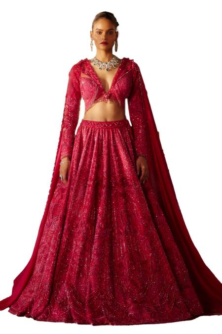 Buy Eeksha Fuchsia Tulle, Chiffon Sequins, Swarovski Embellished Floral Bridal Lehenga Set Online at Aza Fashions Buy_Eeksha_Fuchsia Tulle, Chiffon Sequins, Swarovski Embellished Floral Bridal Lehenga Set _Online_at_Aza_Fashions