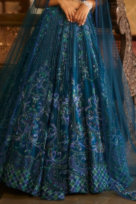 Eeksha Blue Tulle, Silk Organza Sequins, Beads, Floral Swirl Embellished Lehenga Set Online at Aza Fashions Eeksha_Blue Tulle, Silk Organza Sequins, Beads, Floral Swirl Embellished Lehenga Set _Online_at_Aza_Fashions