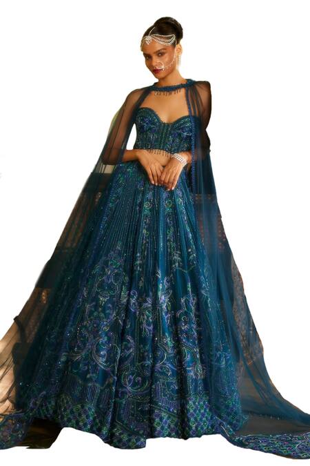 Buy Eeksha Blue Tulle, Silk Organza Sequins, Beads, Floral Swirl Embellished Lehenga Set Online at Aza Fashions Buy_Eeksha_Blue Tulle, Silk Organza Sequins, Beads, Floral Swirl Embellished Lehenga Set _Online_at_Aza_Fashions
