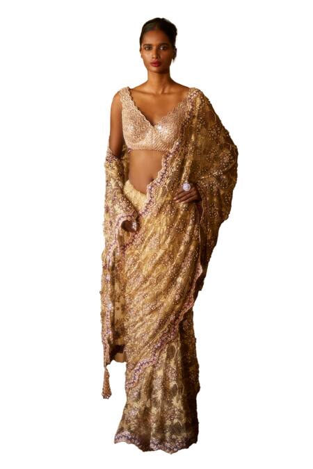 Eeksha Gold Lace Pearls, Sequins, Beads V-neck Embellished Saree With Blouse Online at Aza Fashions Eeksha_Gold Lace Pearls, Sequins, Beads V-neck Embellished Saree With Blouse _Online_at_Aza_Fashions