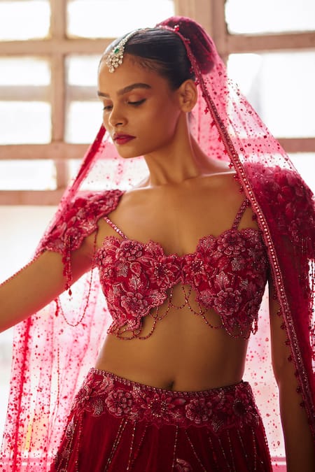 Shop Eeksha Red Tulle, Lace Beads, Crystals, Sequins V-neck Embellished Applique Lehenga Set at Aza Fashions Shop_Eeksha_Red Tulle, Lace Beads, Crystals, Sequins V-neck Embellished Applique Lehenga Set _at_Aza_Fashions