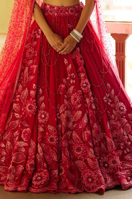 Eeksha Red Tulle, Lace Beads, Crystals, Sequins V-neck Embellished Applique Lehenga Set Online at Aza Fashions Eeksha_Red Tulle, Lace Beads, Crystals, Sequins V-neck Embellished Applique Lehenga Set _Online_at_Aza_Fashions
