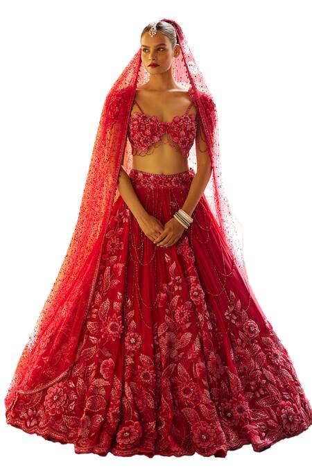 Buy Eeksha Red Tulle, Lace Beads, Crystals, Sequins V-neck Embellished Applique Lehenga Set Online at Aza Fashions Buy_Eeksha_Red Tulle, Lace Beads, Crystals, Sequins V-neck Embellished Applique Lehenga Set _Online_at_Aza_Fashions