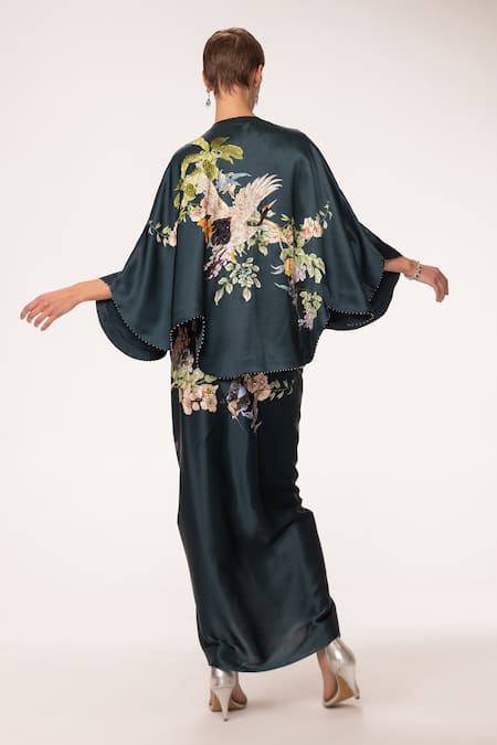 Shop Eeksha Green Botanical Print Capelet Dhoti Skirt Set at Aza Fashions Shop_Eeksha_Green Botanical Print Capelet Dhoti Skirt Set _at_Aza_Fashions