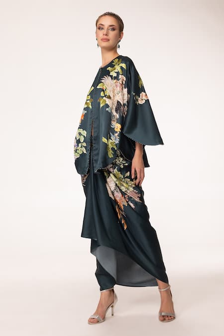 Eeksha Green Botanical Print Capelet Dhoti Skirt Set Online at Aza Fashions Eeksha_Green Botanical Print Capelet Dhoti Skirt Set _Online_at_Aza_Fashions