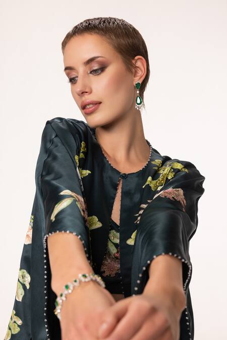 Eeksha Green Botanical Print Capelet Dhoti Skirt Set at Aza Fashions Eeksha_Green Botanical Print Capelet Dhoti Skirt Set _at_Aza_Fashions