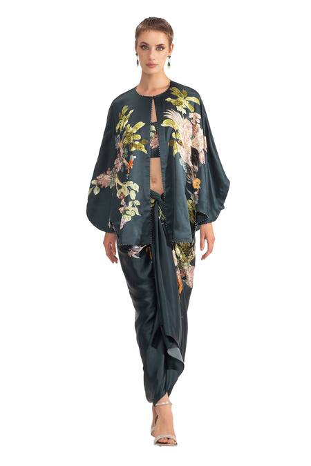 Buy Eeksha Green Botanical Print Capelet Dhoti Skirt Set Buy_Eeksha_Green Botanical Print Capelet Dhoti Skirt Set