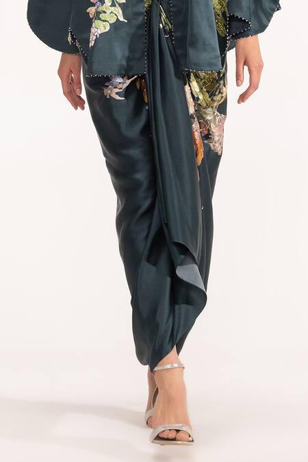 Shop Eeksha Green Botanical Print Capelet Dhoti Skirt Set Shop_Eeksha_Green Botanical Print Capelet Dhoti Skirt Set