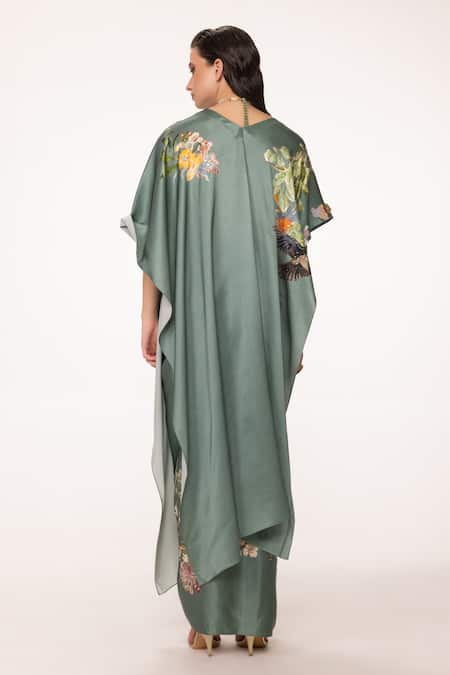 Shop Eeksha Green Silk Satin Beads, Floral Placement Print Draped Top And Dhoti Skirt Set at Aza Fashions Shop_Eeksha_Green Silk Satin Beads, Floral Placement Print Draped Top And Dhoti Skirt Set _at_Aza_Fashions