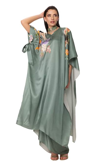 Eeksha Green Silk Satin Beads, Floral Placement Print Draped Top And Dhoti Skirt Set Online at Aza Fashions Eeksha_Green Silk Satin Beads, Floral Placement Print Draped Top And Dhoti Skirt Set _Online_at_Aza_Fashions