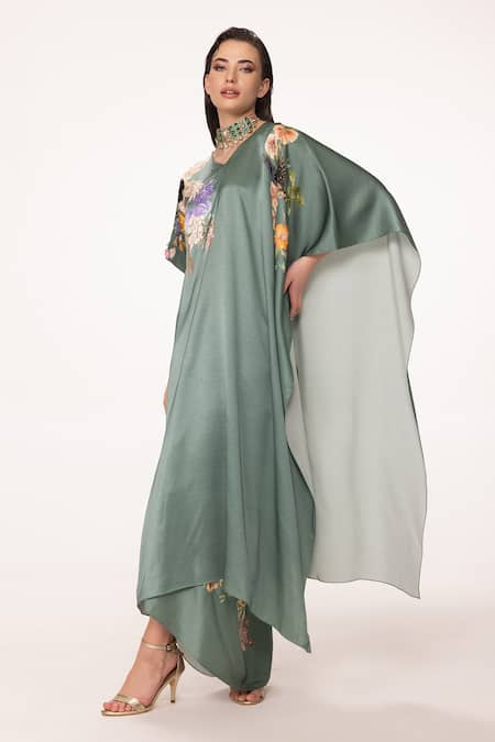 Buy Eeksha Green Silk Satin Beads, Floral Placement Print Draped Top And Dhoti Skirt Set Online at Aza Fashions Buy_Eeksha_Green Silk Satin Beads, Floral Placement Print Draped Top And Dhoti Skirt Set _Online_at_Aza_Fashions