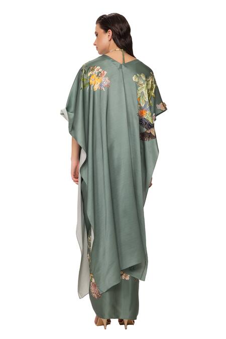 Shop Eeksha Green Silk Satin Beads, Floral Placement Print Draped Top And Dhoti Skirt Set Online at Aza Fashions Shop_Eeksha_Green Silk Satin Beads, Floral Placement Print Draped Top And Dhoti Skirt Set _Online_at_Aza_Fashions