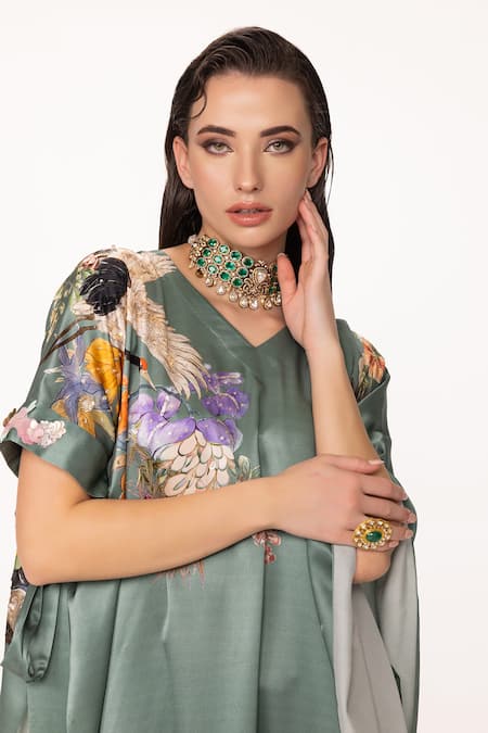 Eeksha Green Silk Satin Beads, Floral Placement Print Draped Top And Dhoti Skirt Set at Aza Fashions Eeksha_Green Silk Satin Beads, Floral Placement Print Draped Top And Dhoti Skirt Set _at_Aza_Fashions