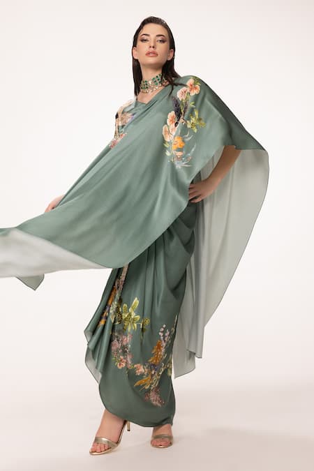 Buy Eeksha Green Silk Satin Beads, Floral Placement Print Draped Top And Dhoti Skirt Set Buy_Eeksha_Green Silk Satin Beads, Floral Placement Print Draped Top And Dhoti Skirt Set