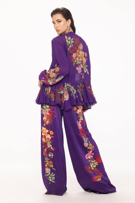 EEKSHA Purple Silk Satin Printed Botanical Collar Tie Up Top And Pant Set  3