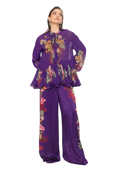 EEKSHA Purple Silk Satin Printed Botanical Collar Tie Up Top And Pant Set  4