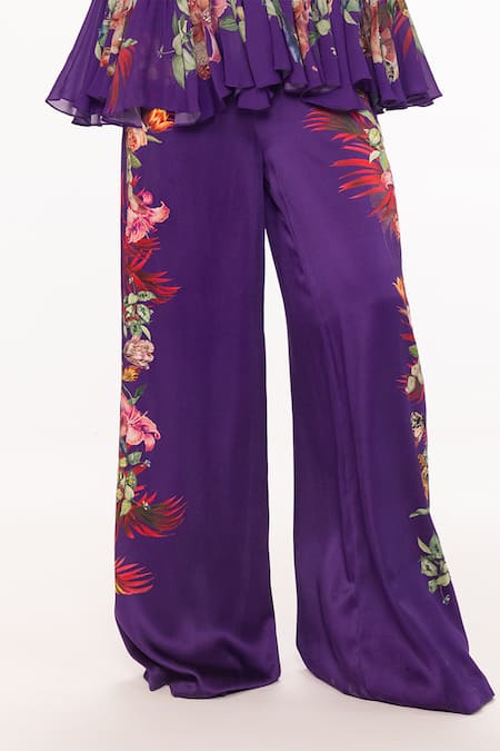 EEKSHA Purple Silk Satin Printed Botanical Collar Tie Up Top And Pant Set  5