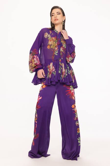 EEKSHA Purple Silk Satin Printed Botanical Collar Tie Up Top And Pant Set  6