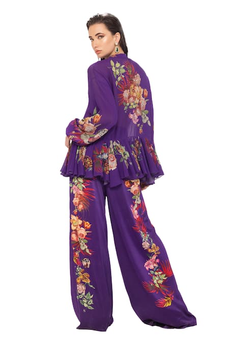 EEKSHA Purple Silk Satin Printed Botanical Collar Tie Up Top And Pant Set  8