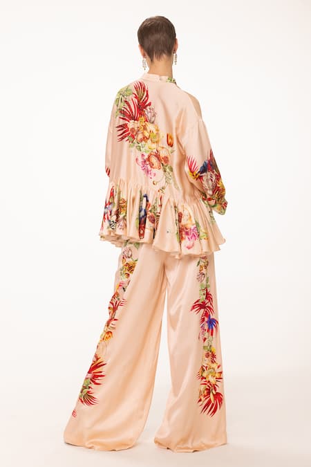 Shop_Eeksha_Peach Silk Satin Sequins, Beads, Embroidery Collared Bloom Print Top And Pant Set _at_Aza_Fashions