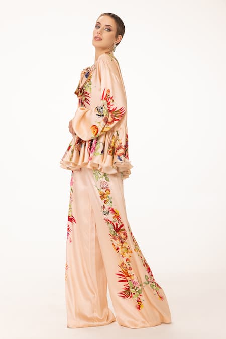 Eeksha_Peach Silk Satin Sequins, Beads, Embroidery Collared Bloom Print Top And Pant Set _Online_at_Aza_Fashions