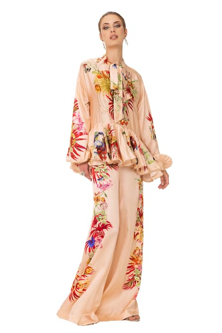 Shop_Eeksha_Peach Silk Satin Sequins, Beads, Embroidery Collared Bloom Print Top And Pant Set _Online_at_Aza_Fashions
