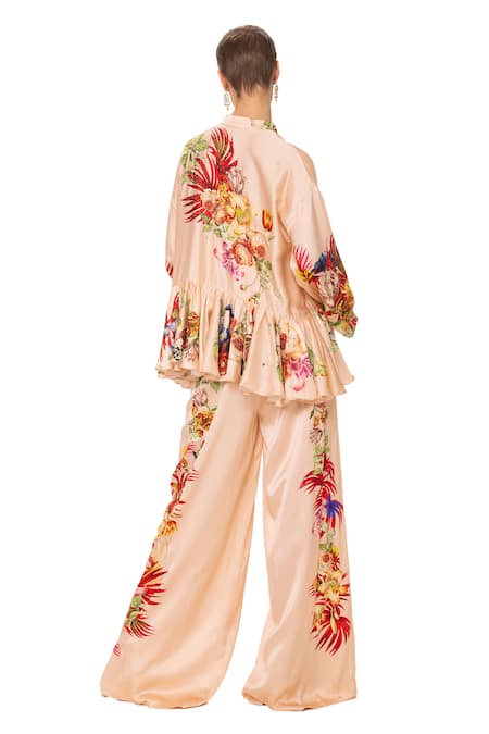 Eeksha_Peach Silk Satin Sequins, Beads, Embroidery Collared Bloom Print Top And Pant Set _at_Aza_Fashions