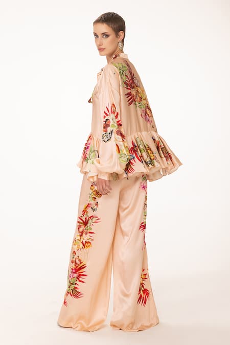Buy_Eeksha_Peach Silk Satin Sequins, Beads, Embroidery Collared Bloom Print Top And Pant Set 