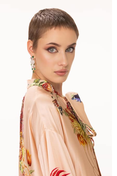 Shop_Eeksha_Peach Silk Satin Sequins, Beads, Embroidery Collared Bloom Print Top And Pant Set 