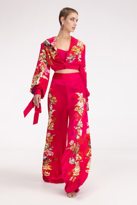 Eeksha Fuchsia Silk Satin Embroidery, Sequins Collared Printed Cropped Blazer Pant Set Online at Aza Fashions Eeksha_Fuchsia Silk Satin Embroidery, Sequins Collared Printed Cropped Blazer Pant Set _Online_at_Aza_Fashions